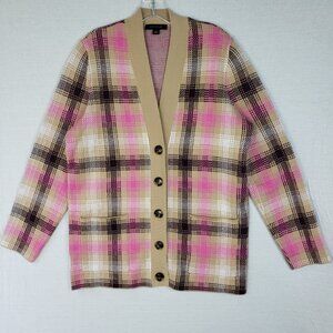 NWOT Ann Taylor Plaid Boyfriend Cardigan Longline Knit Preppy size L Pink Beige